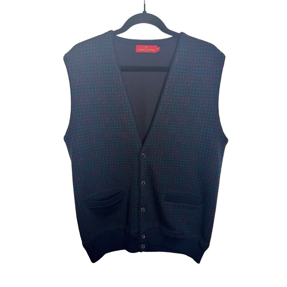 Giovanni Valentino Houndstooth Green Red‎ Holiday Sweater Vest Sz 48 Men's